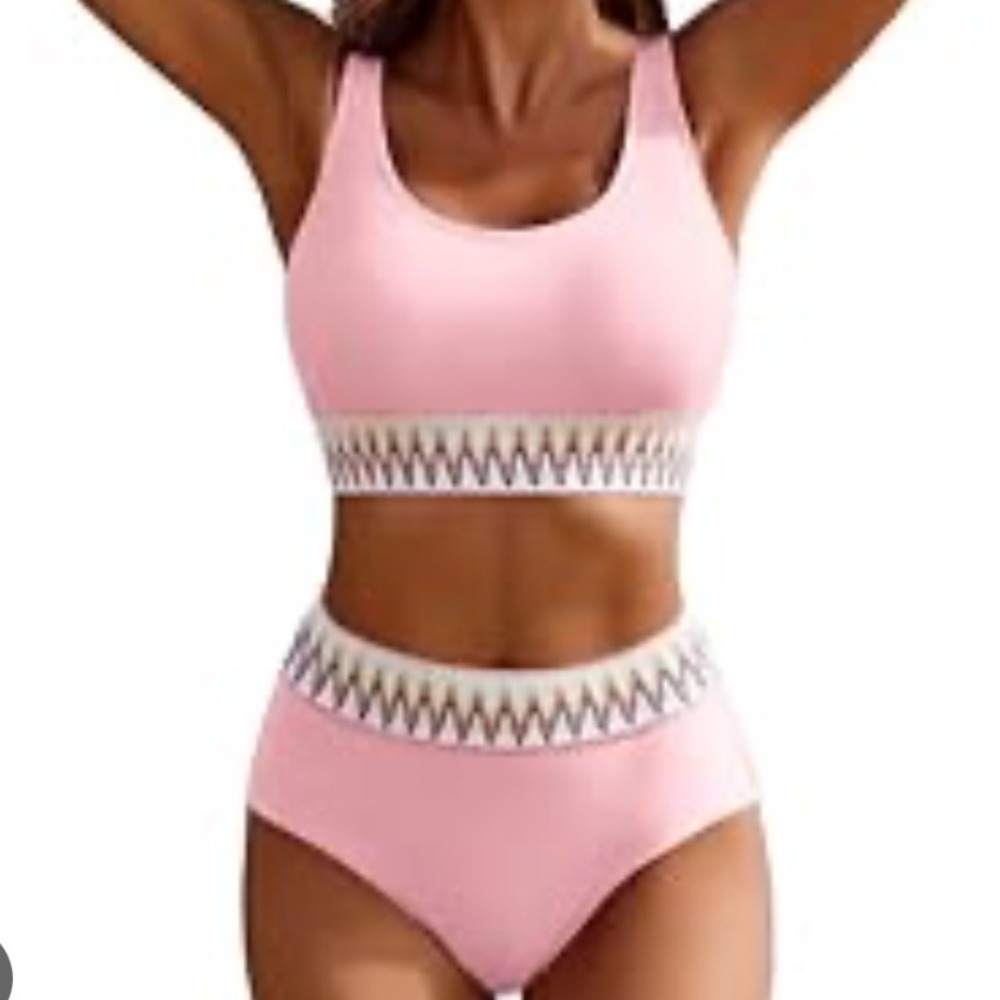 Aimage Pink High Waist Bikini Set Two Piece Swimsuit Cute Swimwear Size M